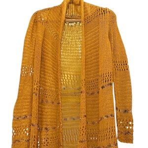 Lucky Brand Mustard Yellow Open Knit Duster Cardigan Shawl Collar XS